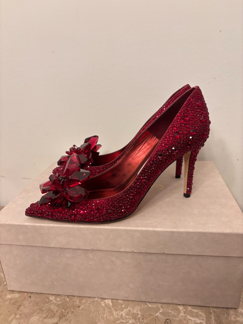Jimmy Choo Alia 37 Red Crystal-Embellished Pointed Stiletto Pumps - Picture 3 of 9